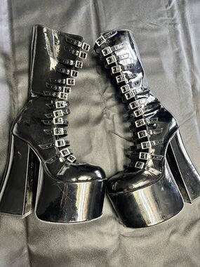 Dolls Kill Women's Black Patent Platform Buckle Boots